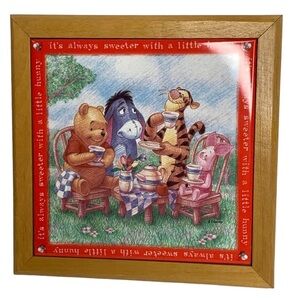 Disney Winnie the zoo Porcelain Tile with Wooden Border Trivet / Hangs on Wall